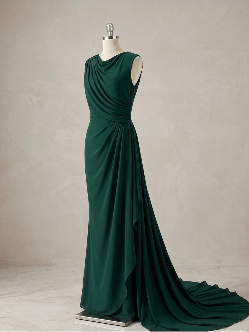 Sleeveless Drape-Detail Evening Gown - Deep Green